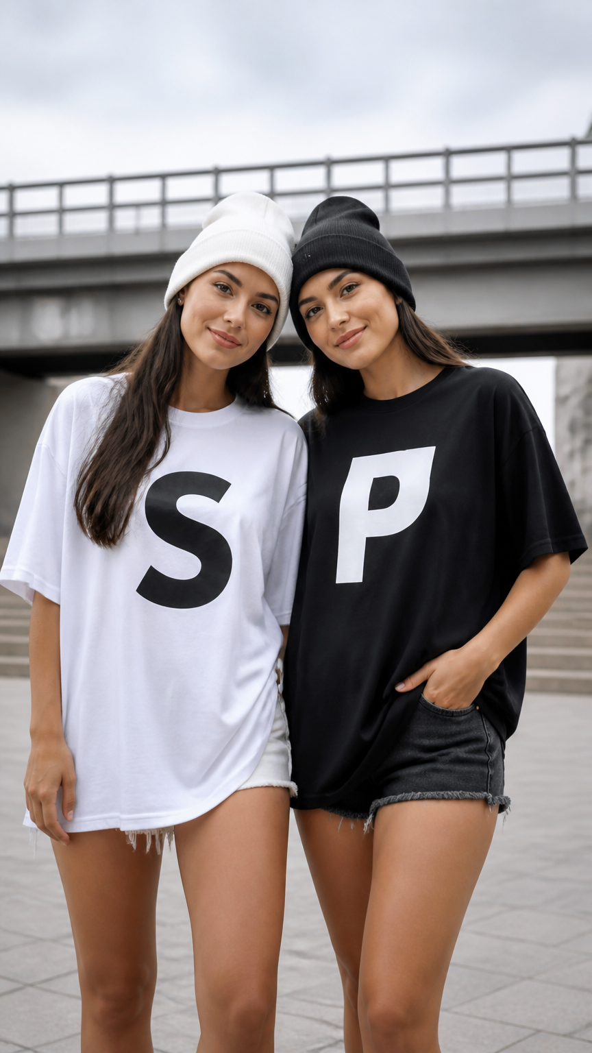 A crisp, clear photograph of two friends wearing white and black oversized shirts labeled S and P in bold letters, po...