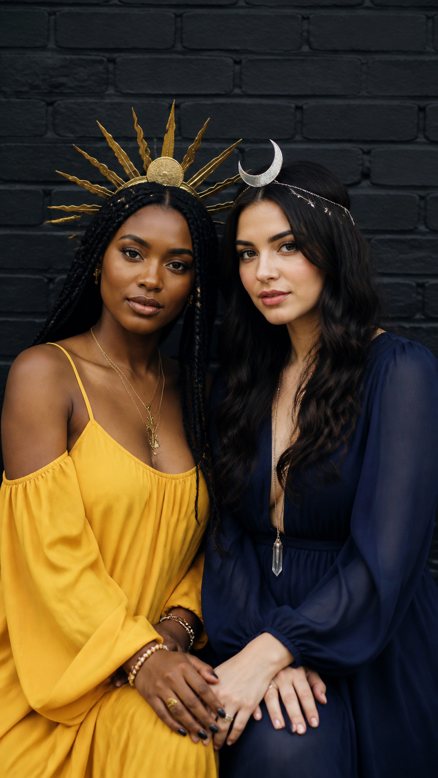 A stunning photograph of two friends posing against a dark brick wall, one wearing a radiant gold sun crown and yello...