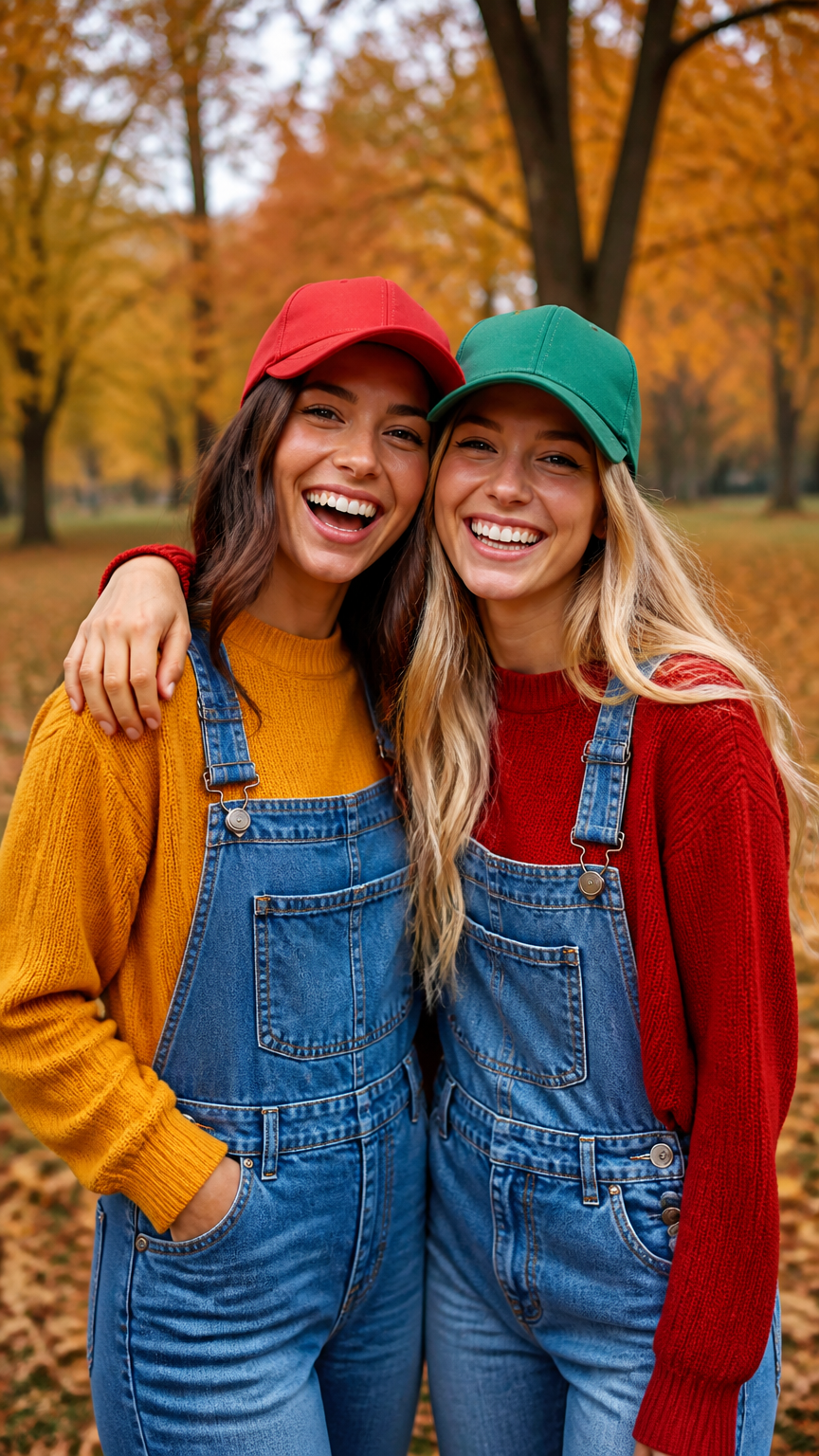 A vibrant photograph of two best friends wearing primary red and green baseball caps and denim overalls, smiling broa...