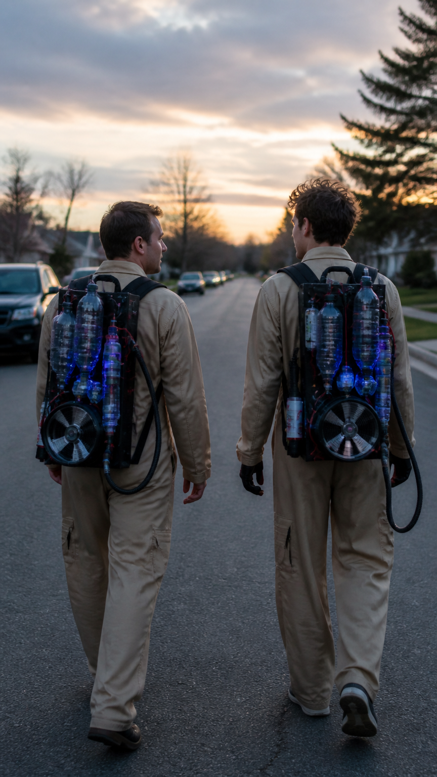 A vivid photograph of two friends wearing beige utility jumpsuits with homemade proton packs made from plastic bottle...
