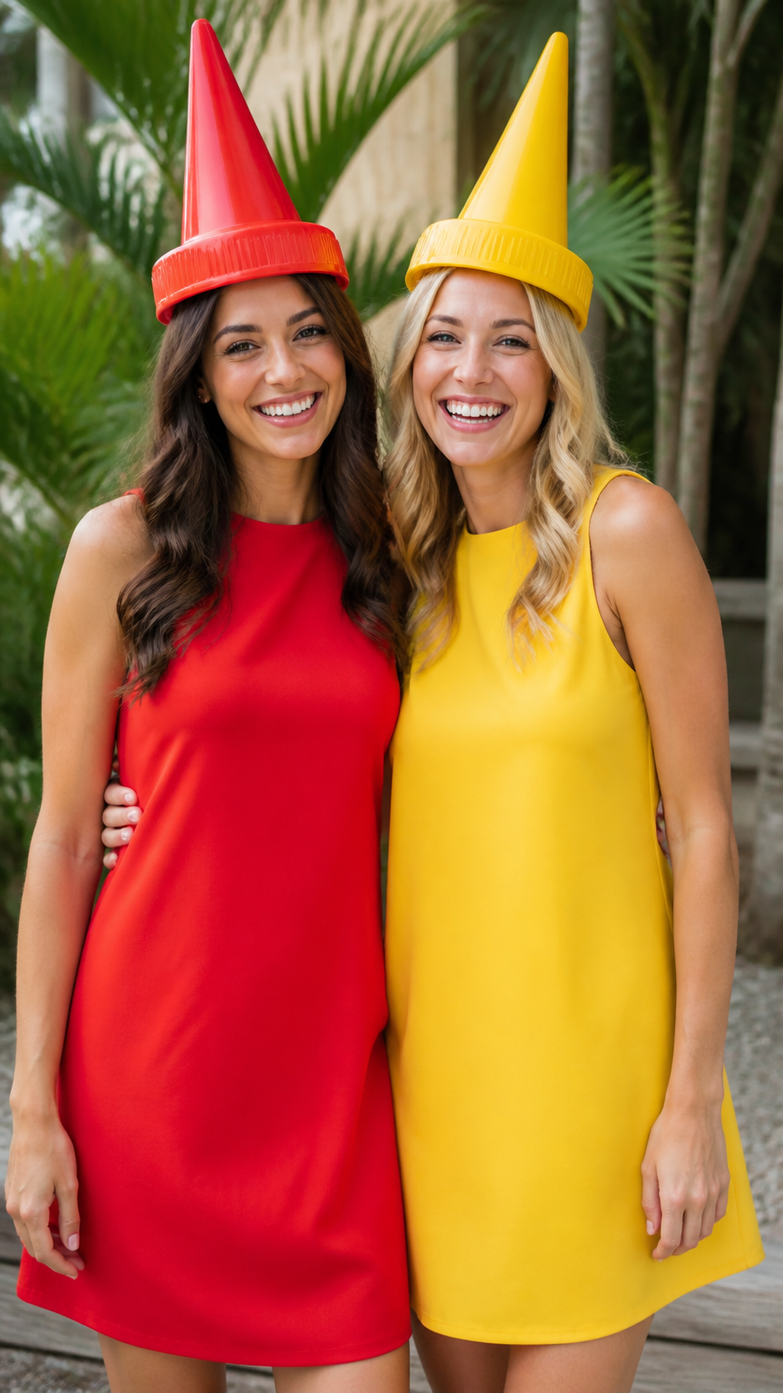 A vibrant photograph of two best friends posing side by side in bright red and yellow shift dresses, wearing funny ma...