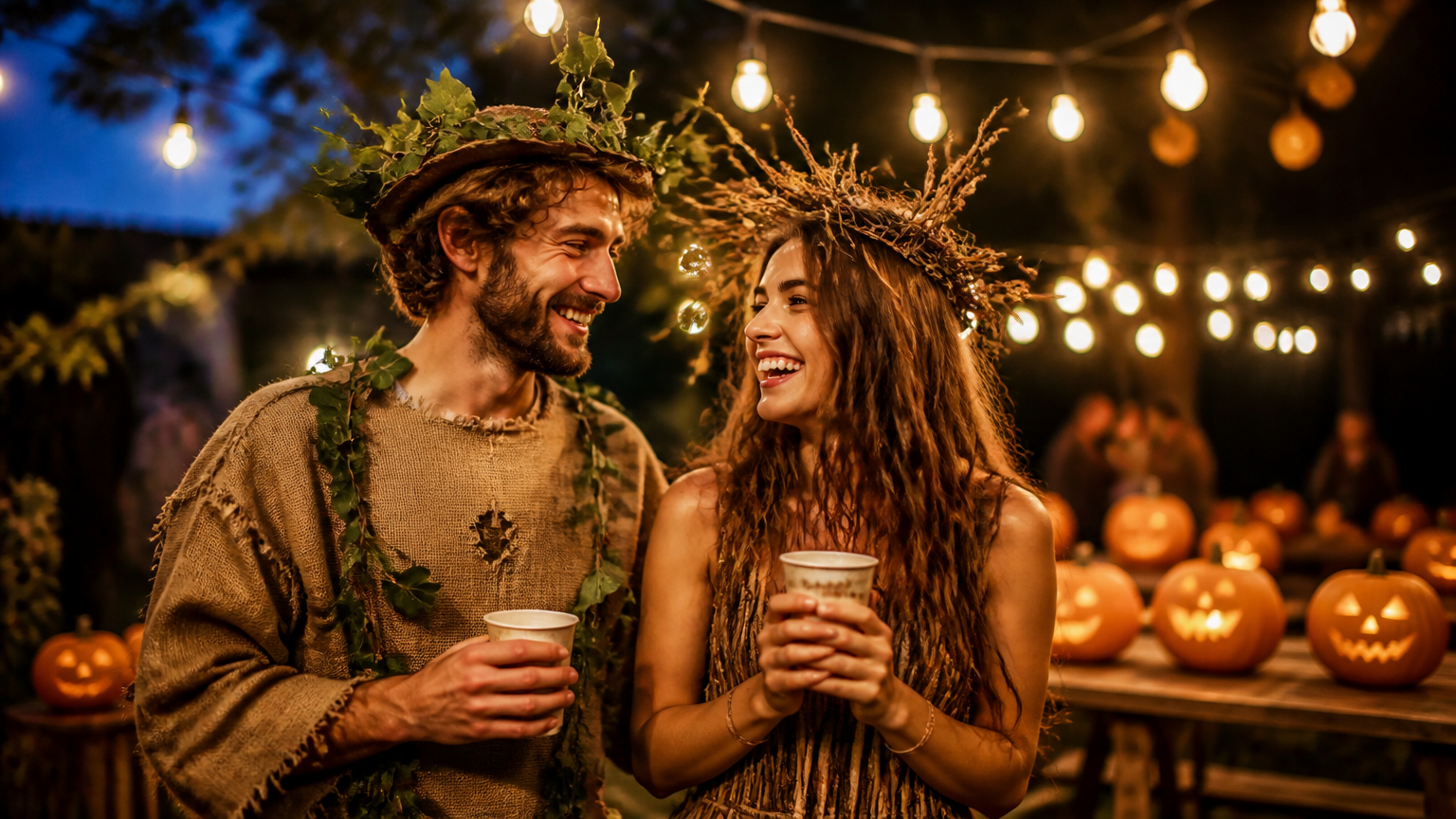 A candid, high-end DSLR photograph of a happy couple in their late twenties laughing together at an outdoor autumn Ha...