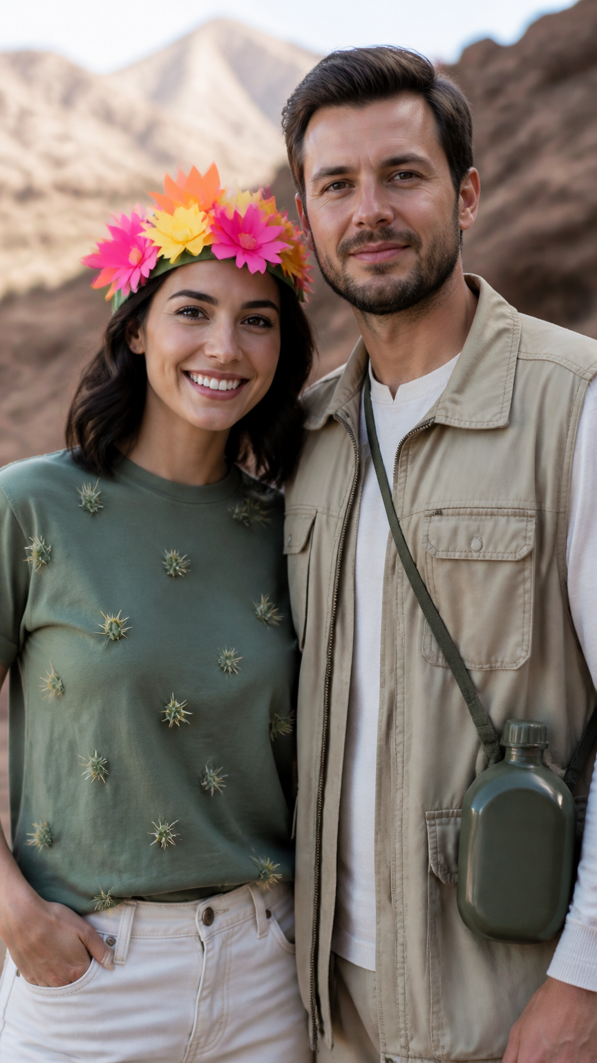 A bright, high-end photograph of a couple, one wearing a green shirt with yarn cactus needles glued on and a paper fl...