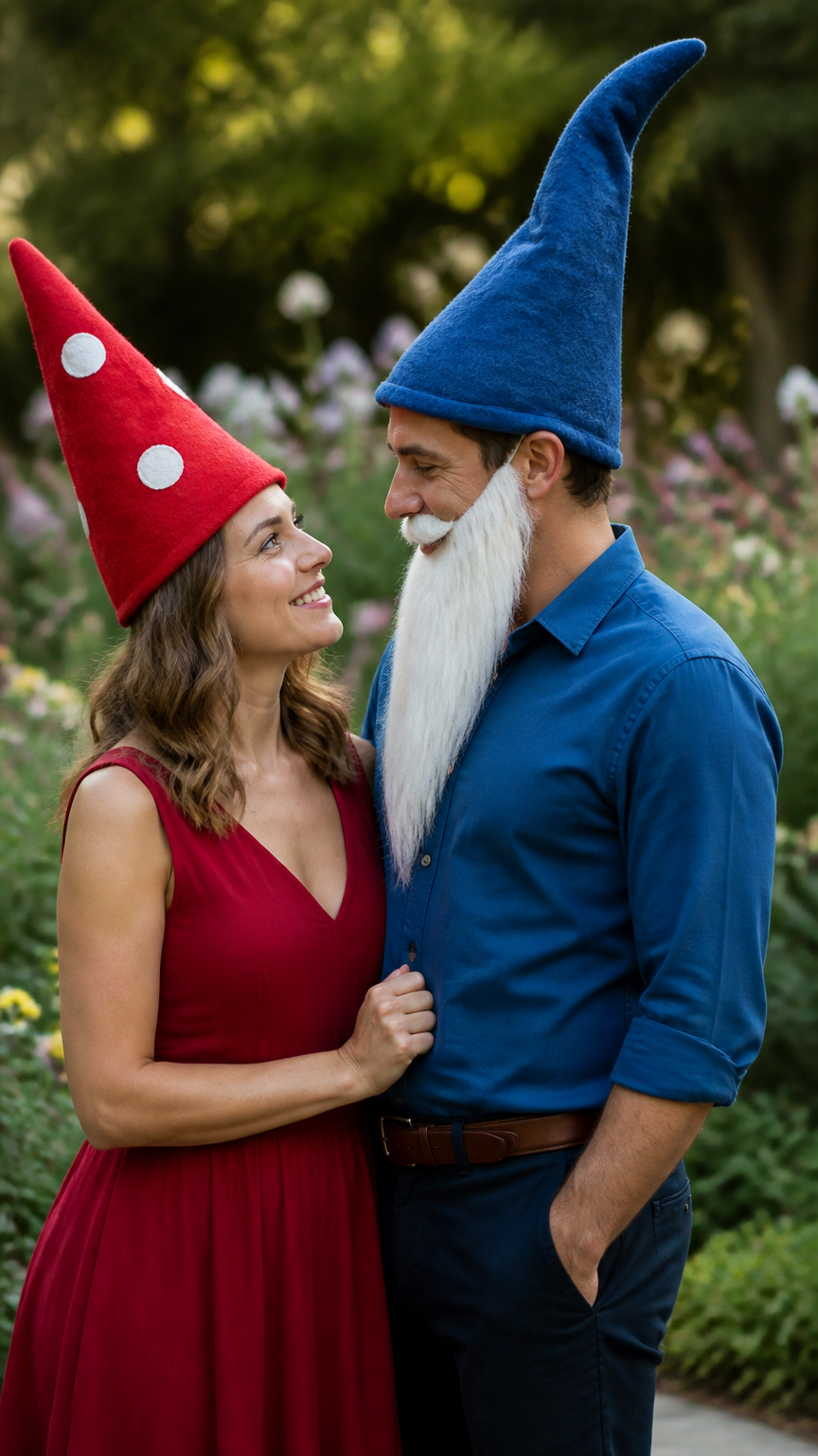 A high-end camera shot of a couple in a garden setting, one wearing a tall red felt hat with white felt circles and a...