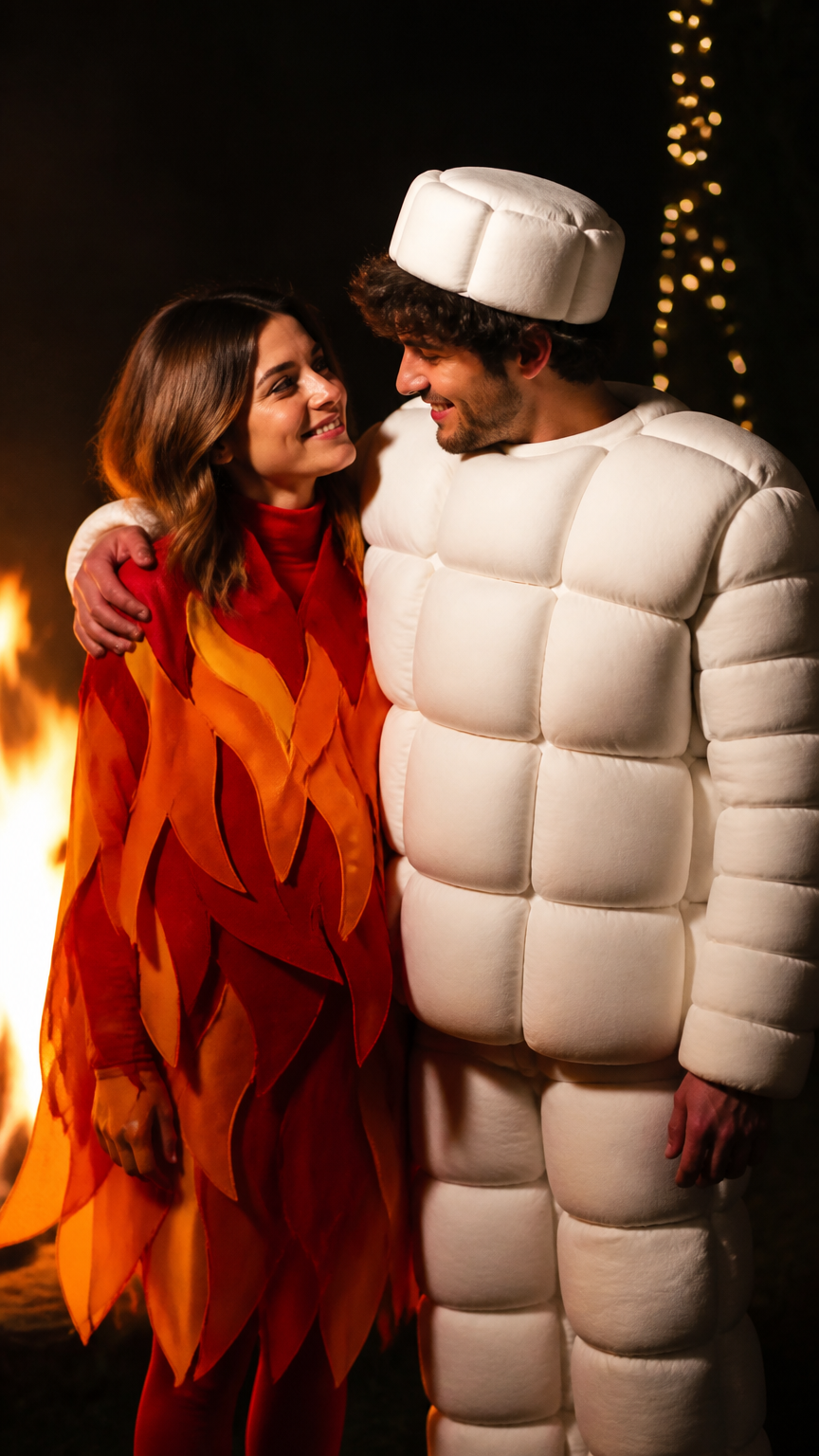 A high-end photograph of a couple at night near a warm light source, one wearing a red and orange layered outfit with...