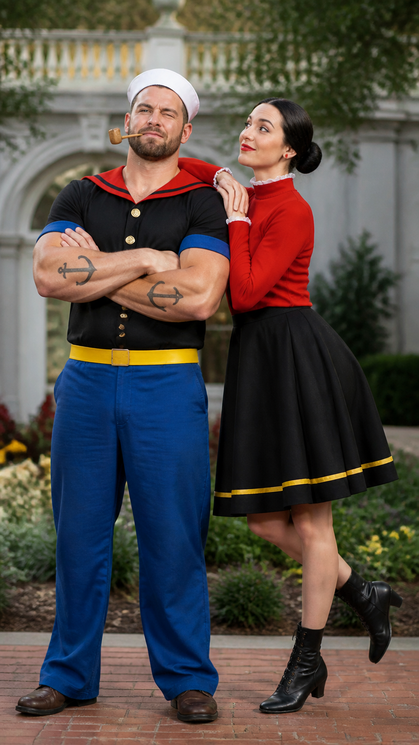 A clear, professional photograph of a couple dressed as classic cartoon sailors, one wearing a black sailor shirt wit...