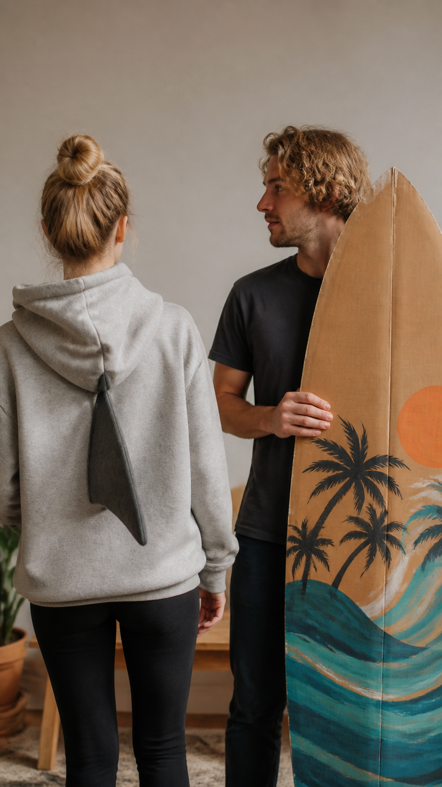 A high-end camera shot of a couple, one wearing a grey hoodie with a felt shark fin attached to the back, and the oth...