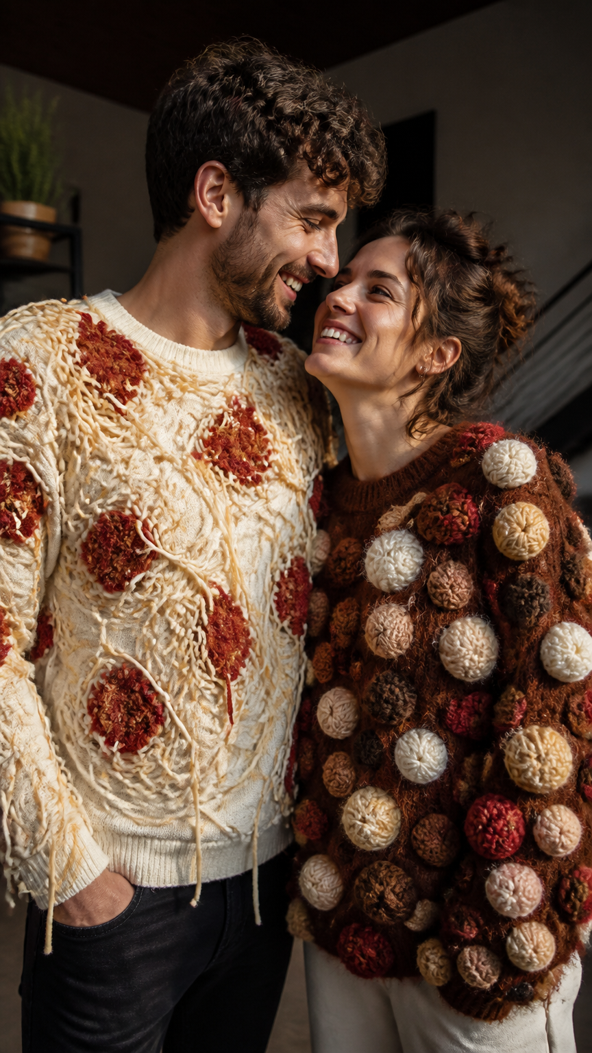 A high-end photograph of a couple, one wearing a white shirt covered in yarn noodles and red felt tomato sauce spots,...