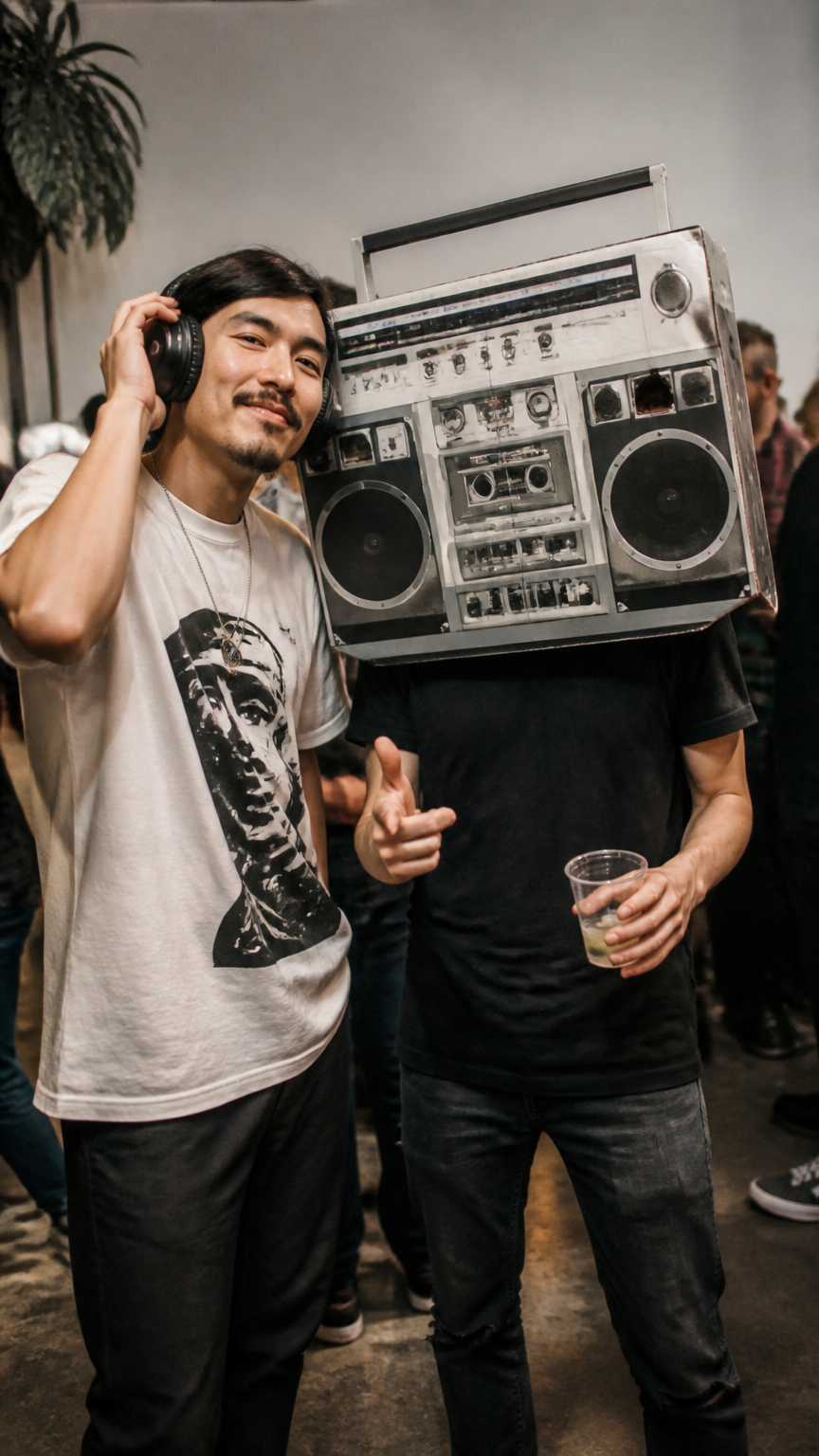 A candid photograph of a couple at a party, one wearing headphones and a graphic tee, and the other wearing a large c...