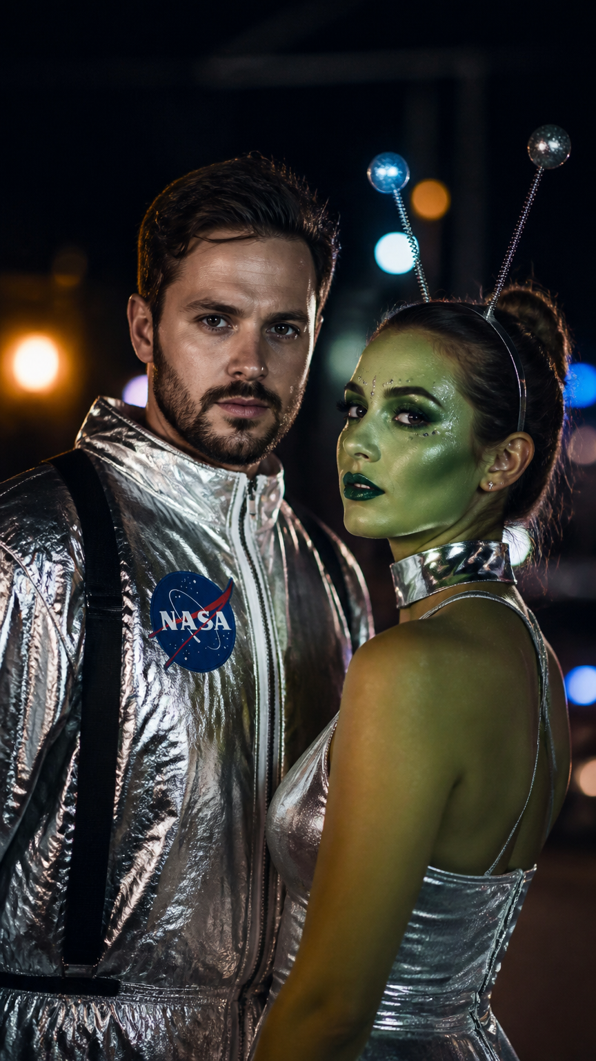 A crisp, professional photograph of a couple, one in a silver foil jacket with a NASA patch, and the other wearing gr...