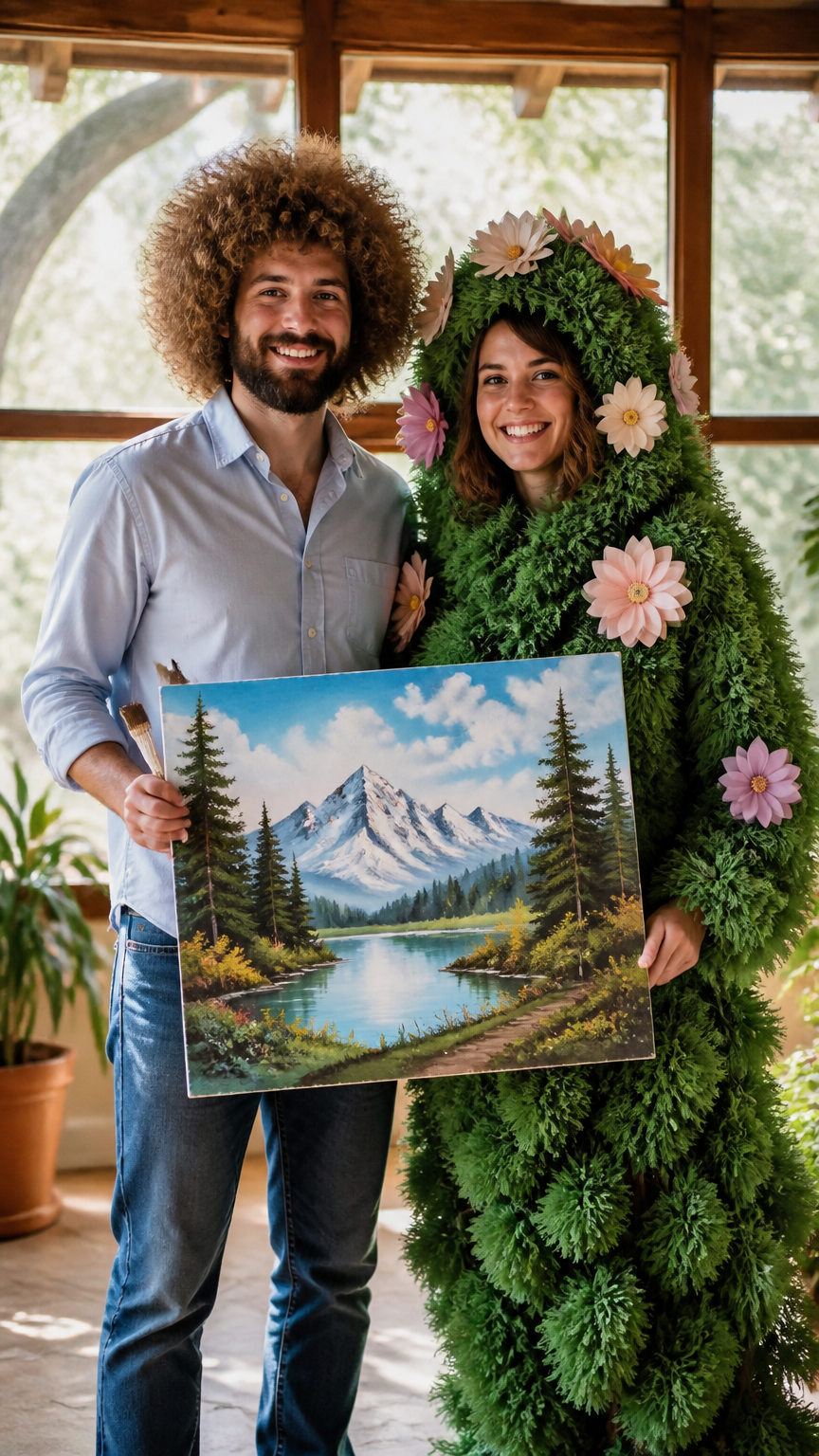 A high-end photograph of a smiling couple dressed as Bob Ross holding a painted canvas and his partner dressed as a f...