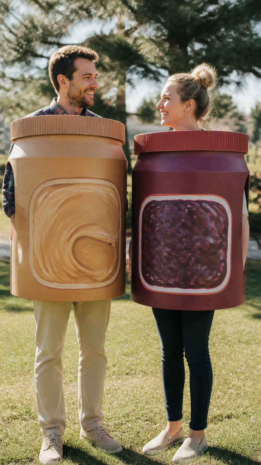 A candid photograph of a couple wearing oversized cardboard jars painted to look like peanut butter and jelly, smilin...