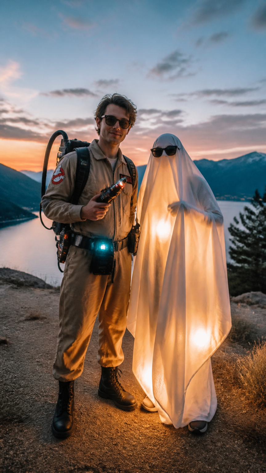 A couple outdoors at dusk, one dressed in an 80s ghost hunter jumpsuit with toy gadgets, and the other wearing a glow...
