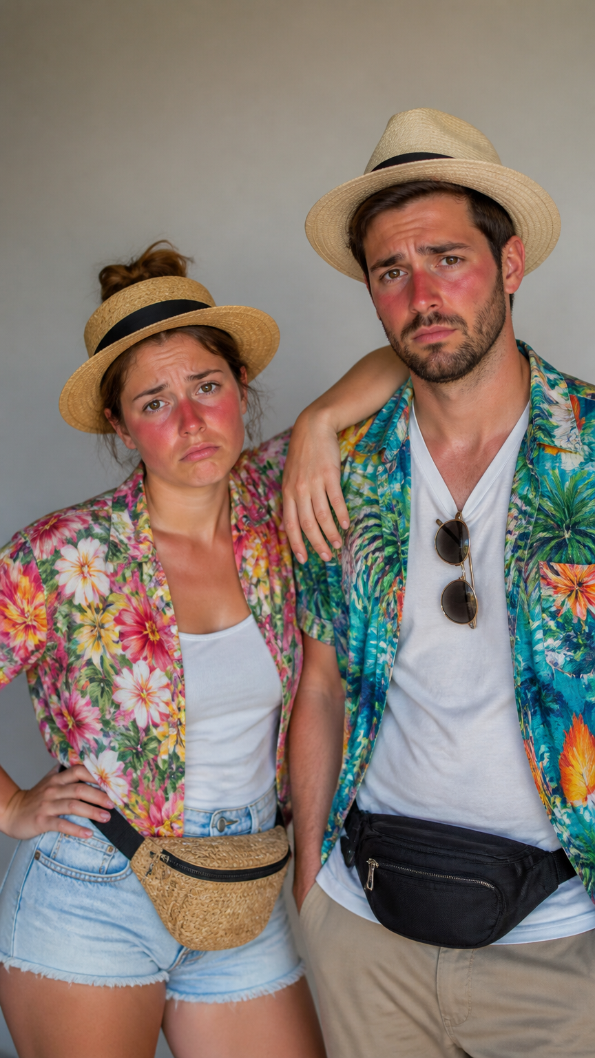 A high-end camera shot of a couple wearing Hawaiian shirts, sun hats, fanny packs, and bright red blush on their nose...