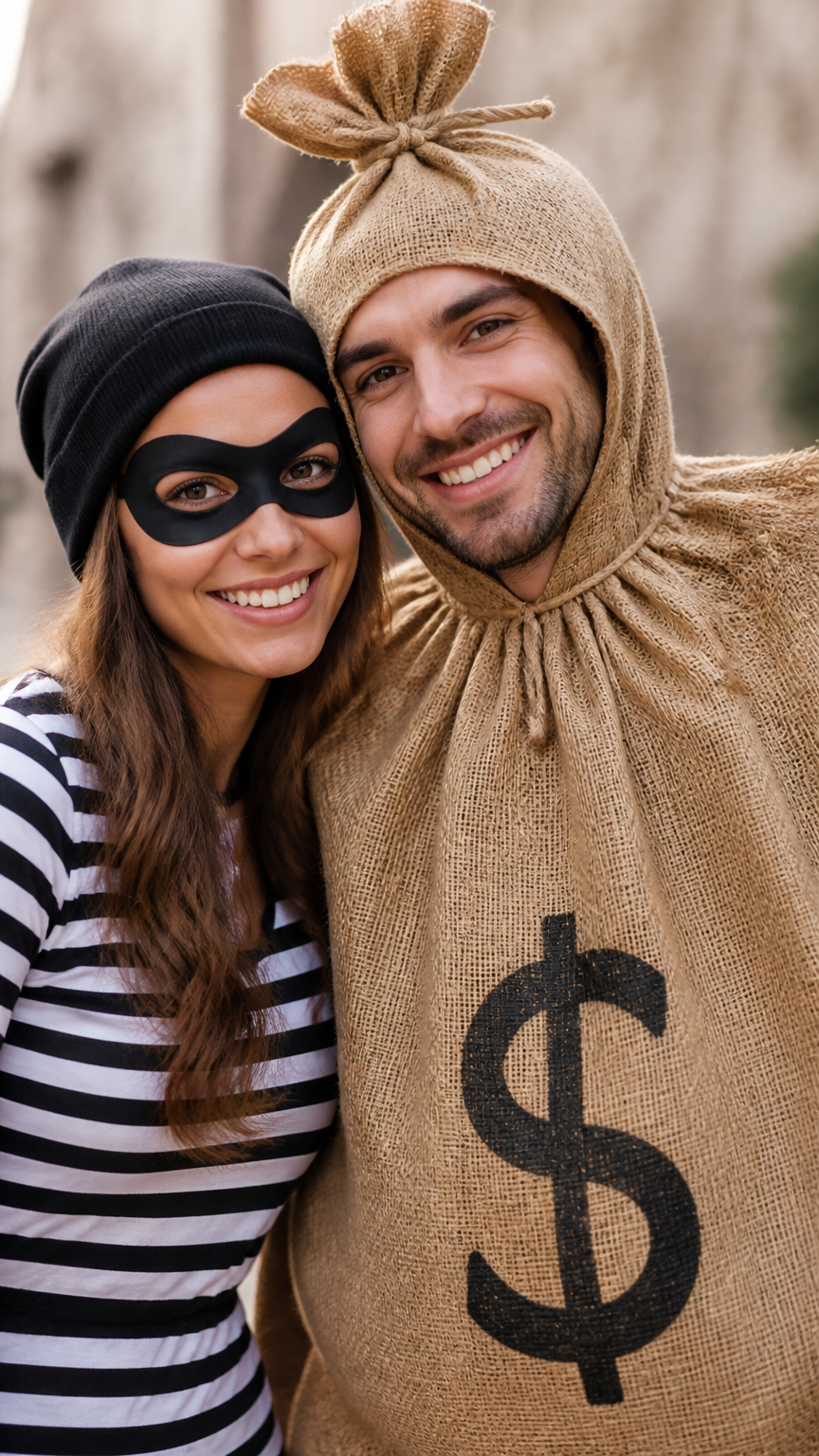 A close-up photograph of a couple, one in a black and white striped shirt with a robber eye mask, and the other weari...