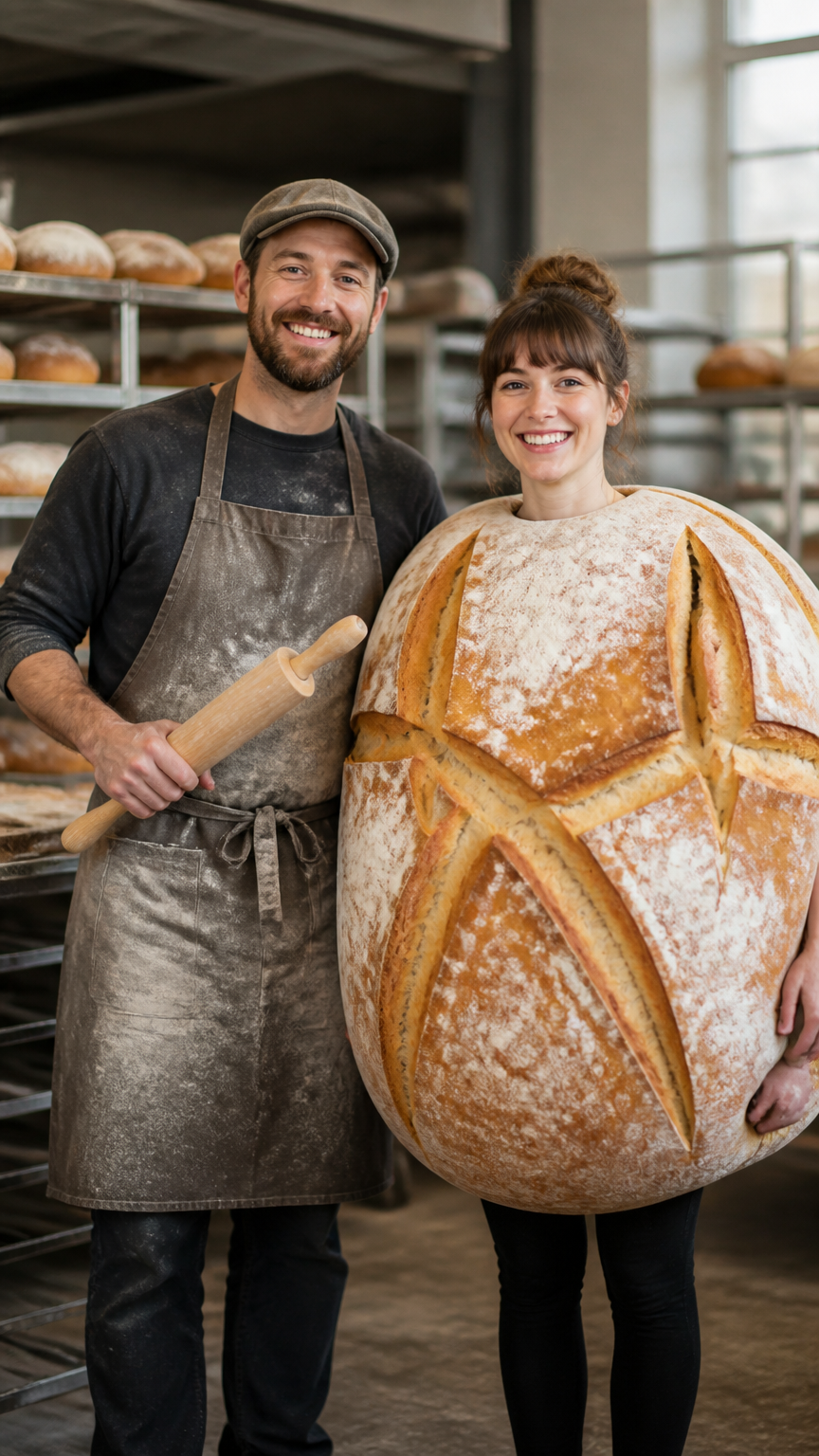 A sharp photograph of a baker in a flour-dusted apron holding a rolling pin, standing next to a partner wearing a rou...