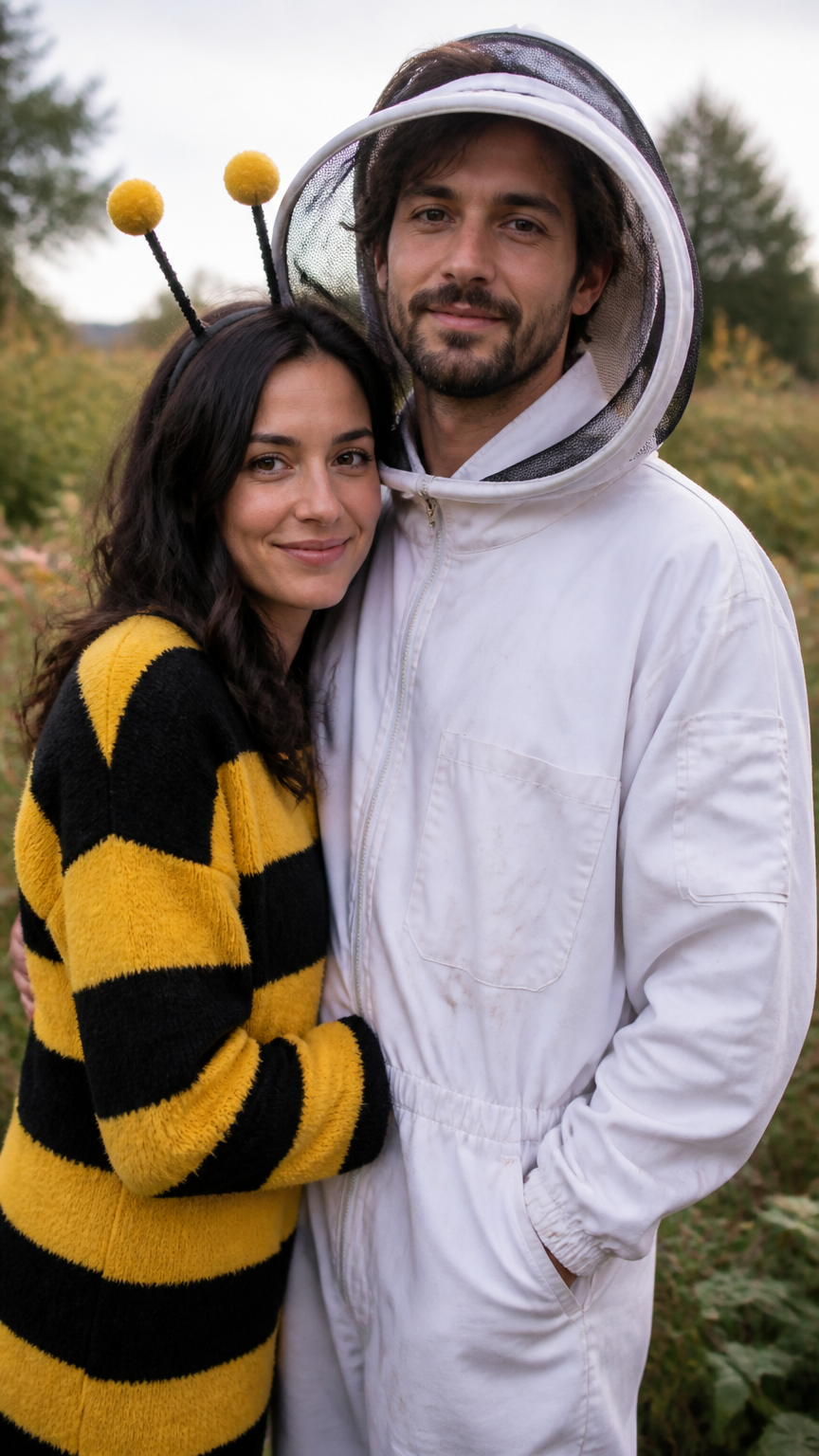 A high-end camera photograph of a couple where one person wears a yellow and black striped sweater with fuzzy antenna...