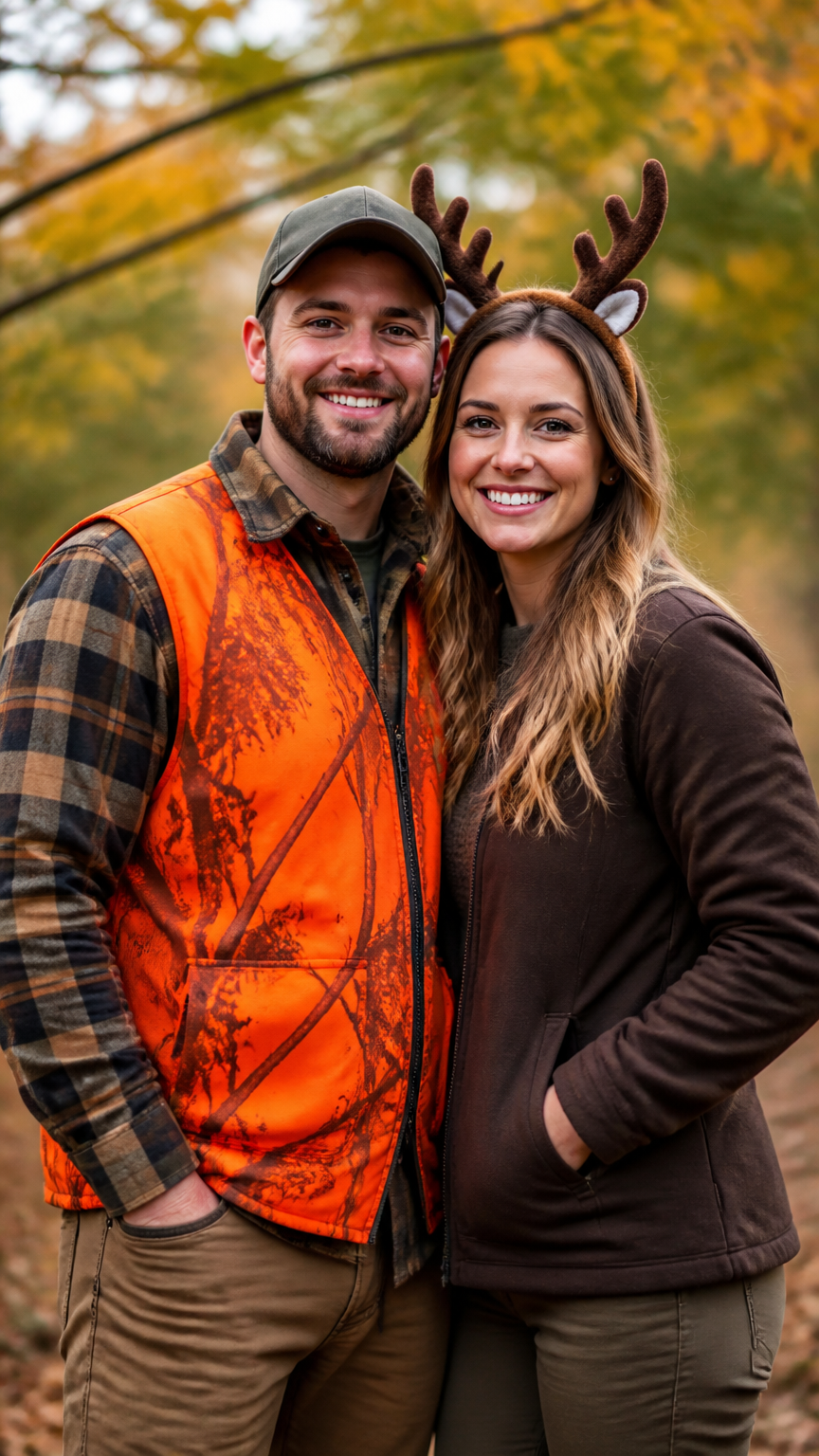 A crisp, professional photograph of a couple posing near autumn trees, one wearing an orange hunting vest and a baseb...