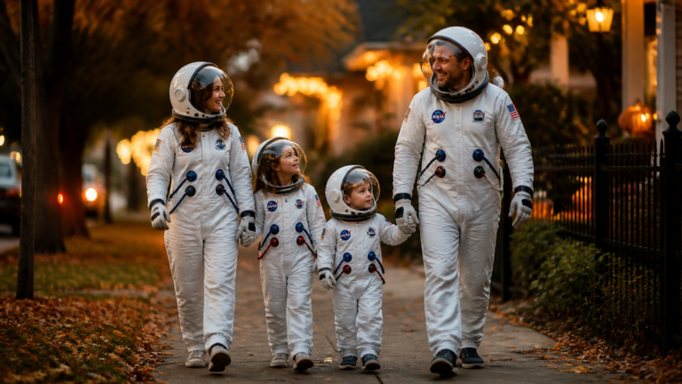 A candid, high-end photograph of a joyful family of four walking down a suburban sidewalk at dusk, dressed in coordin...
