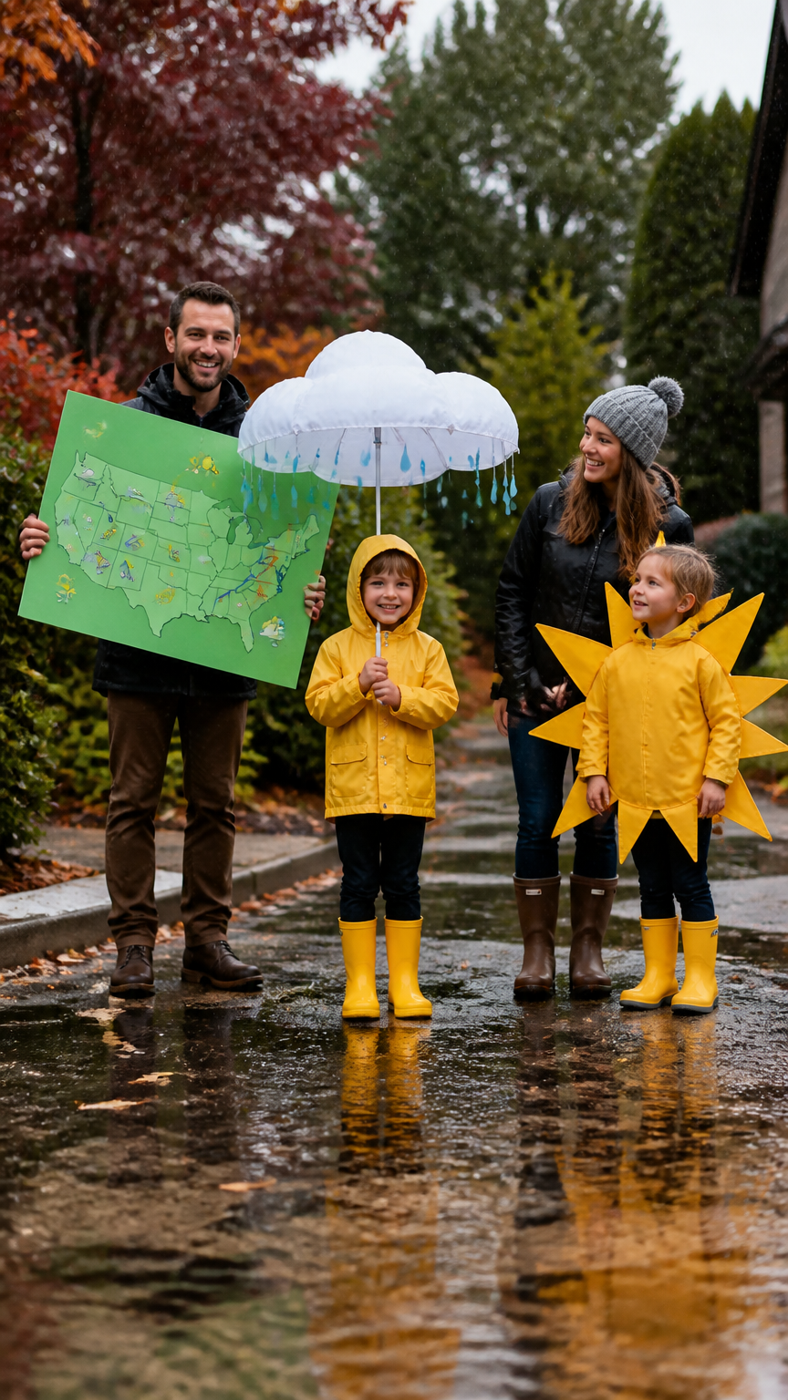 A high-end photograph of a family standing outside during a light autumn sprinkle, dressed as a weather forecast