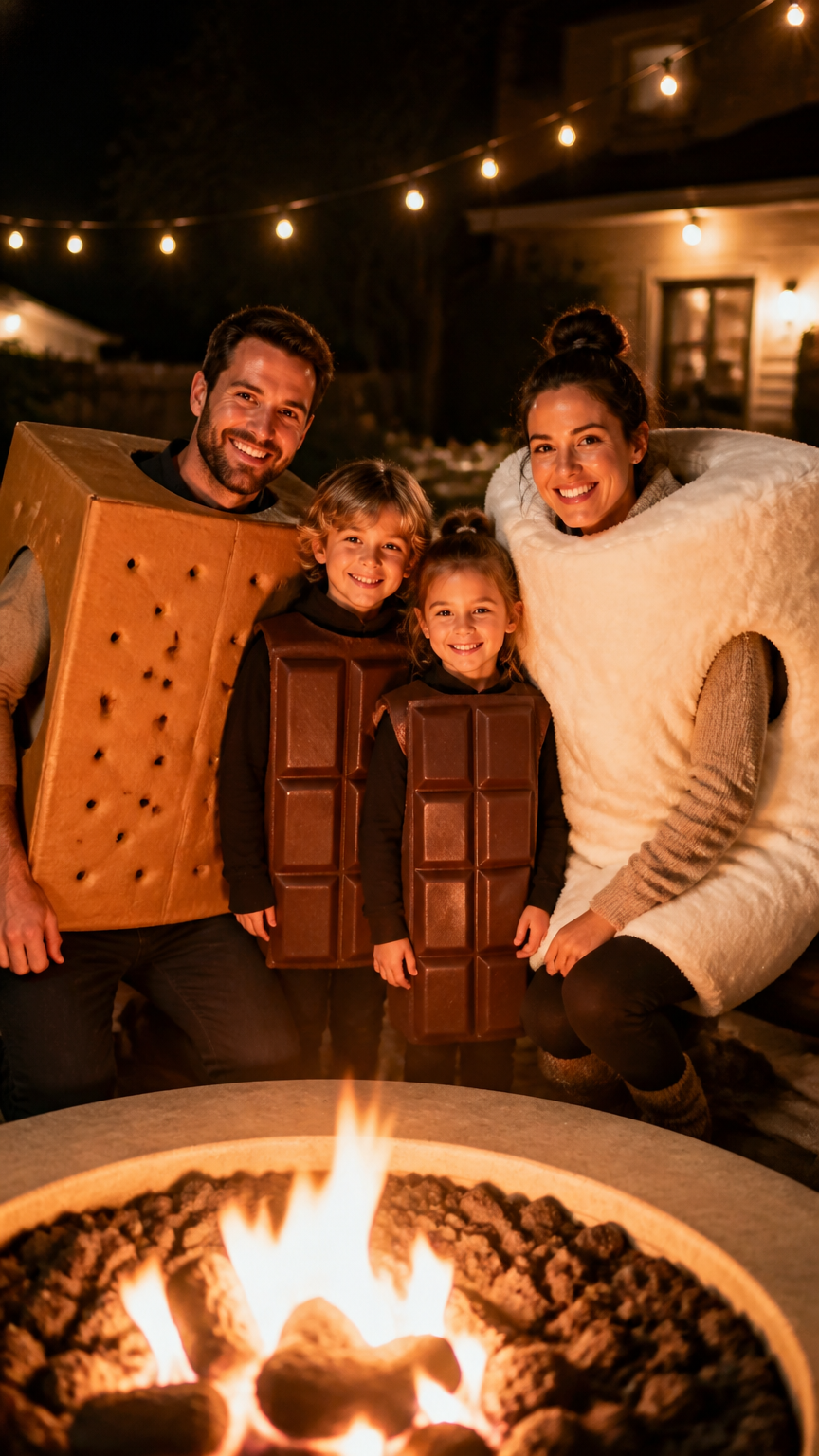 A high-end photograph of a family posing near a backyard fire pit at night, glowing in the warm orange firelight
