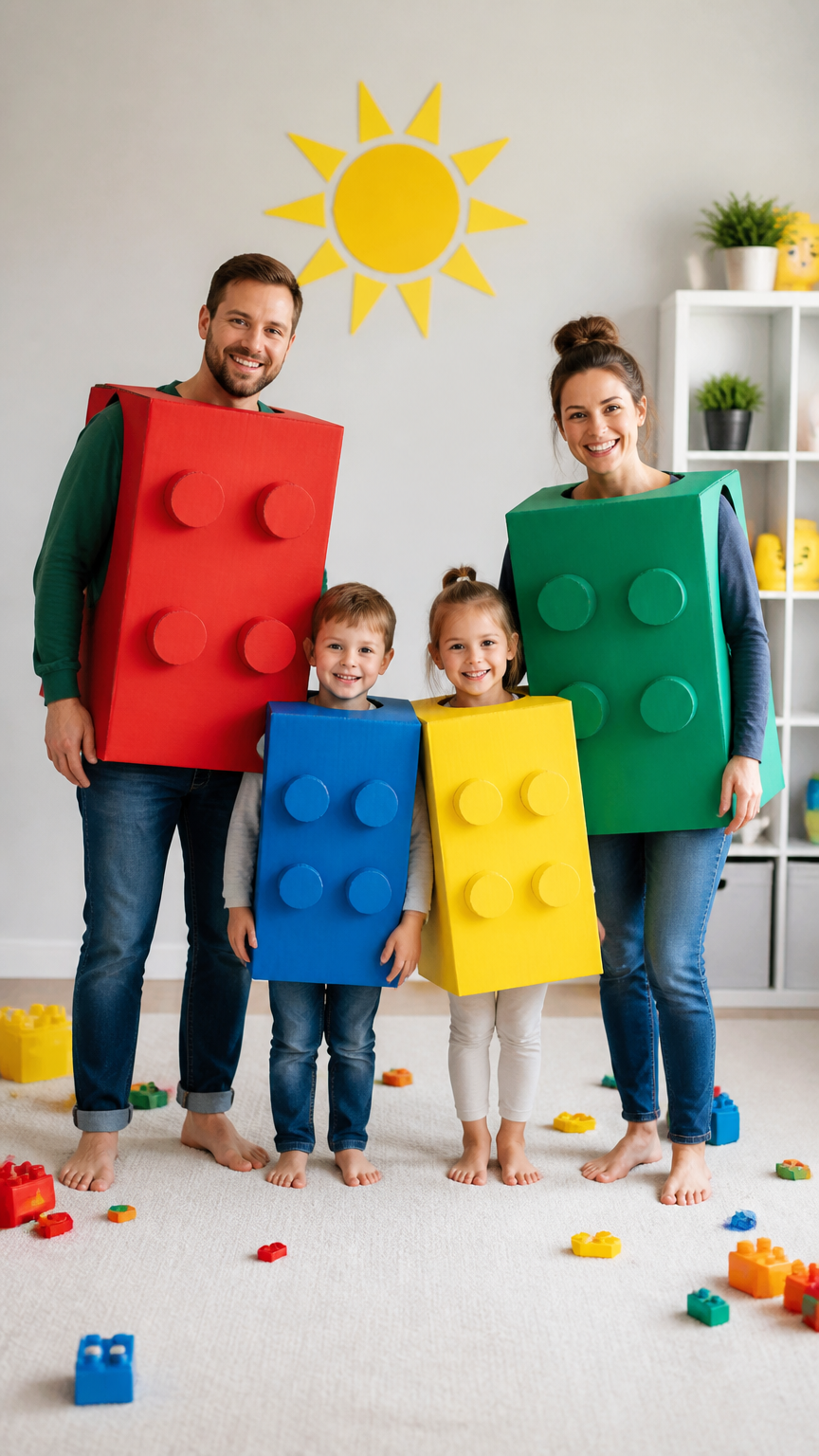 A high-end photograph of a family of four posing in a bright playroom, wearing colorful rectangular brick costumes ma...