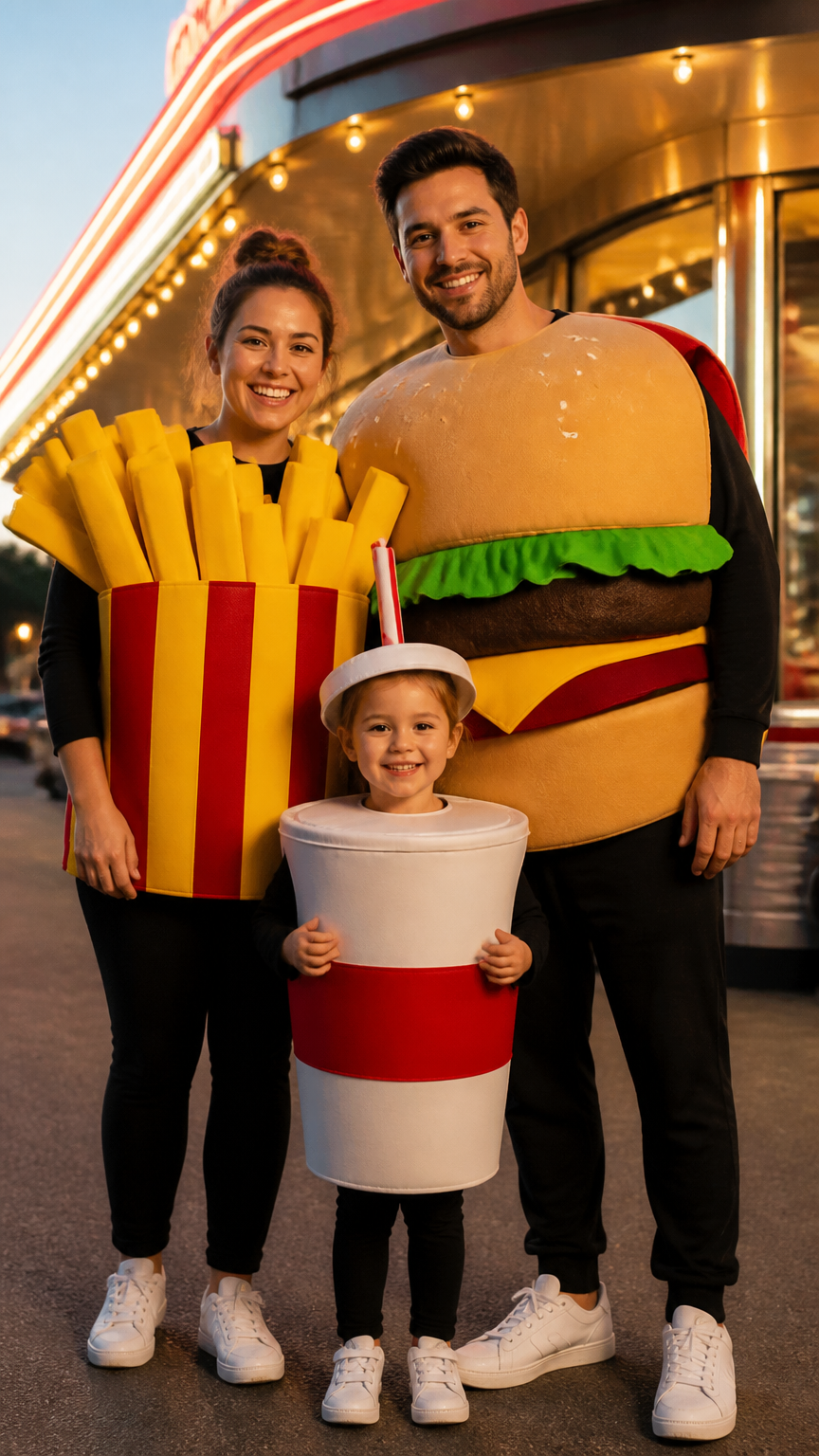 A high-end photograph of a family standing outside a retro diner sign, dressed as a fast-food meal