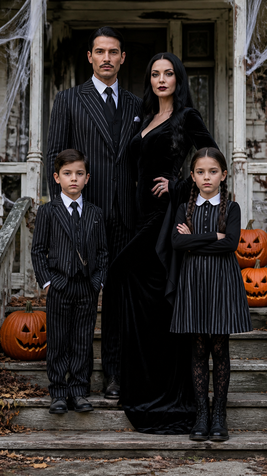 A high-end photograph of a family of four posing on a creaky front porch, dressed as the Addams Family