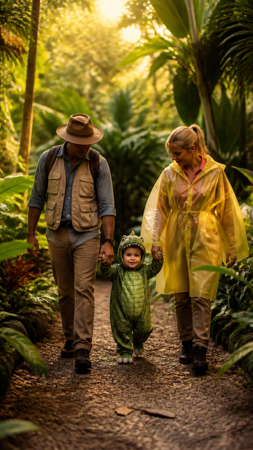 A high-end photograph of a family walking through a backyard garden styled like a jungle, dressed as Jurassic Park ch...