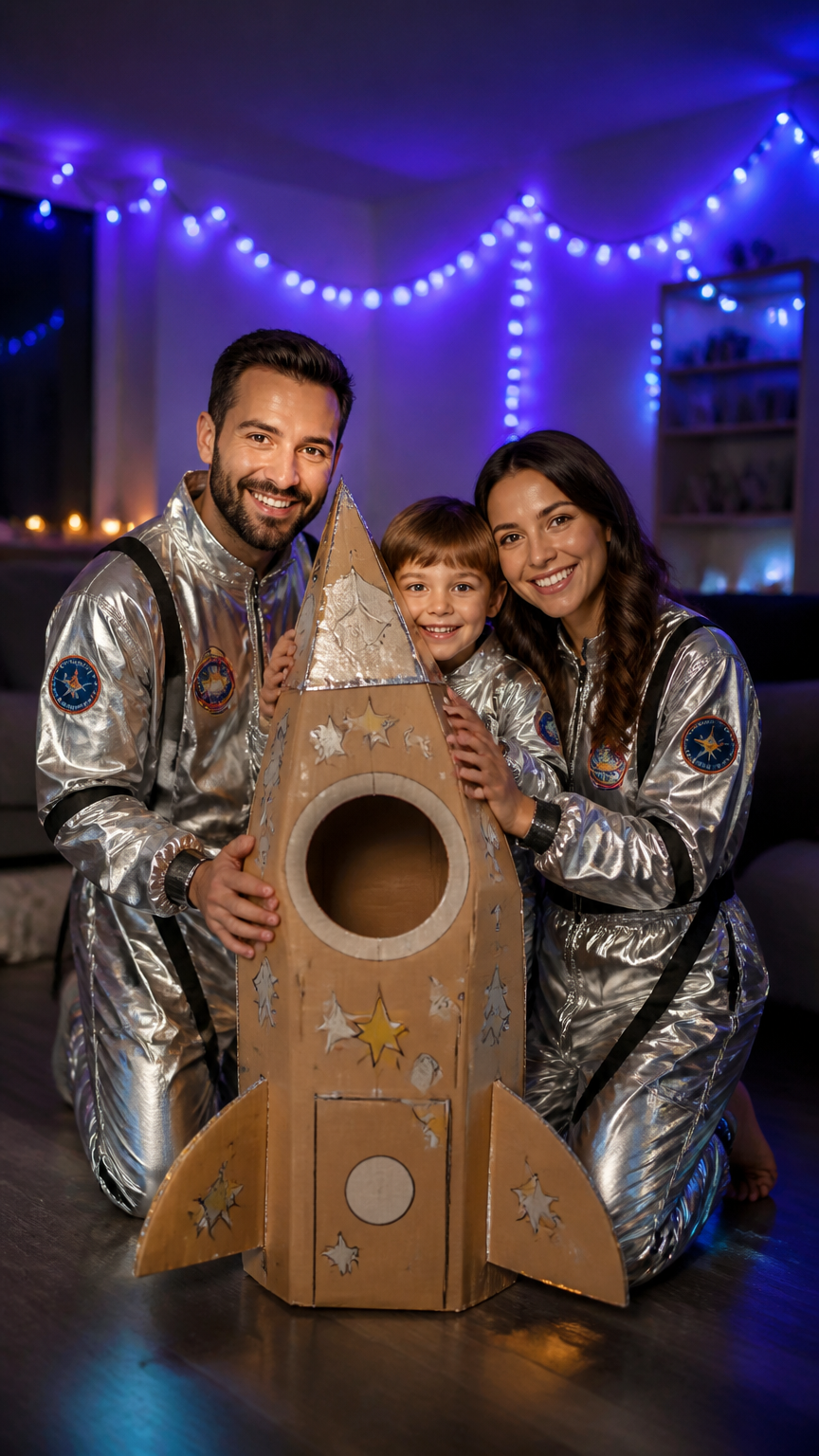 A high-end photograph of a family of three in a dimly lit living room, glowing under blue and purple string lights, w...