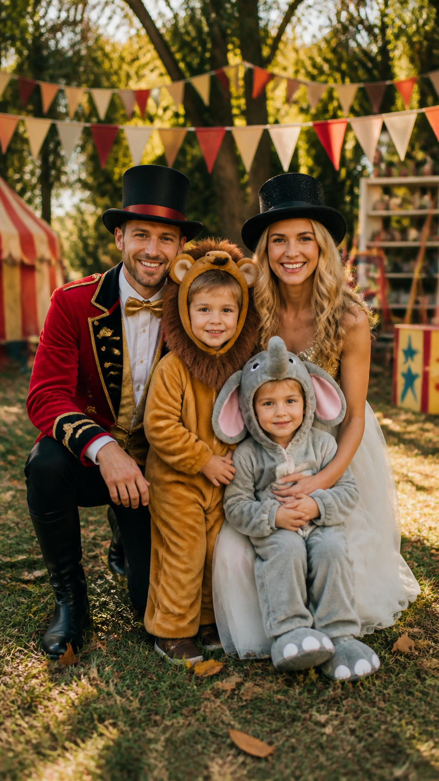 A high-end photograph of a family at a local park dressed in a circus theme