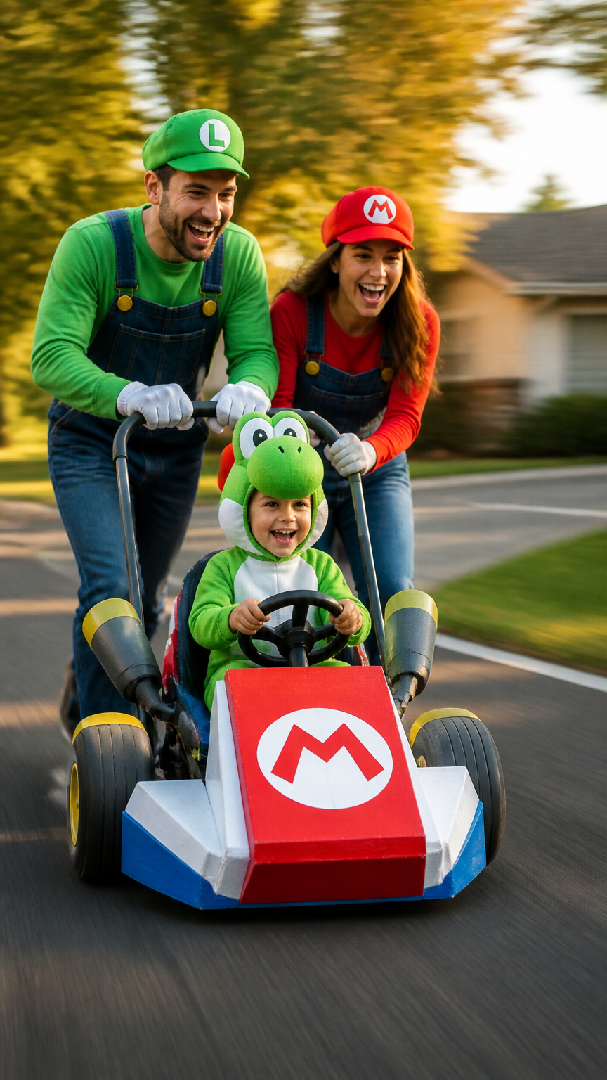 A high-end photograph of a family racing down a suburban driveway, pushing a stroller decorated to look like a Mario...