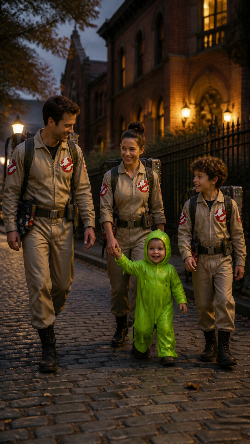 A high-end photograph of a family of four walking near a historic brick building at dusk, wearing khaki Ghostbusters...