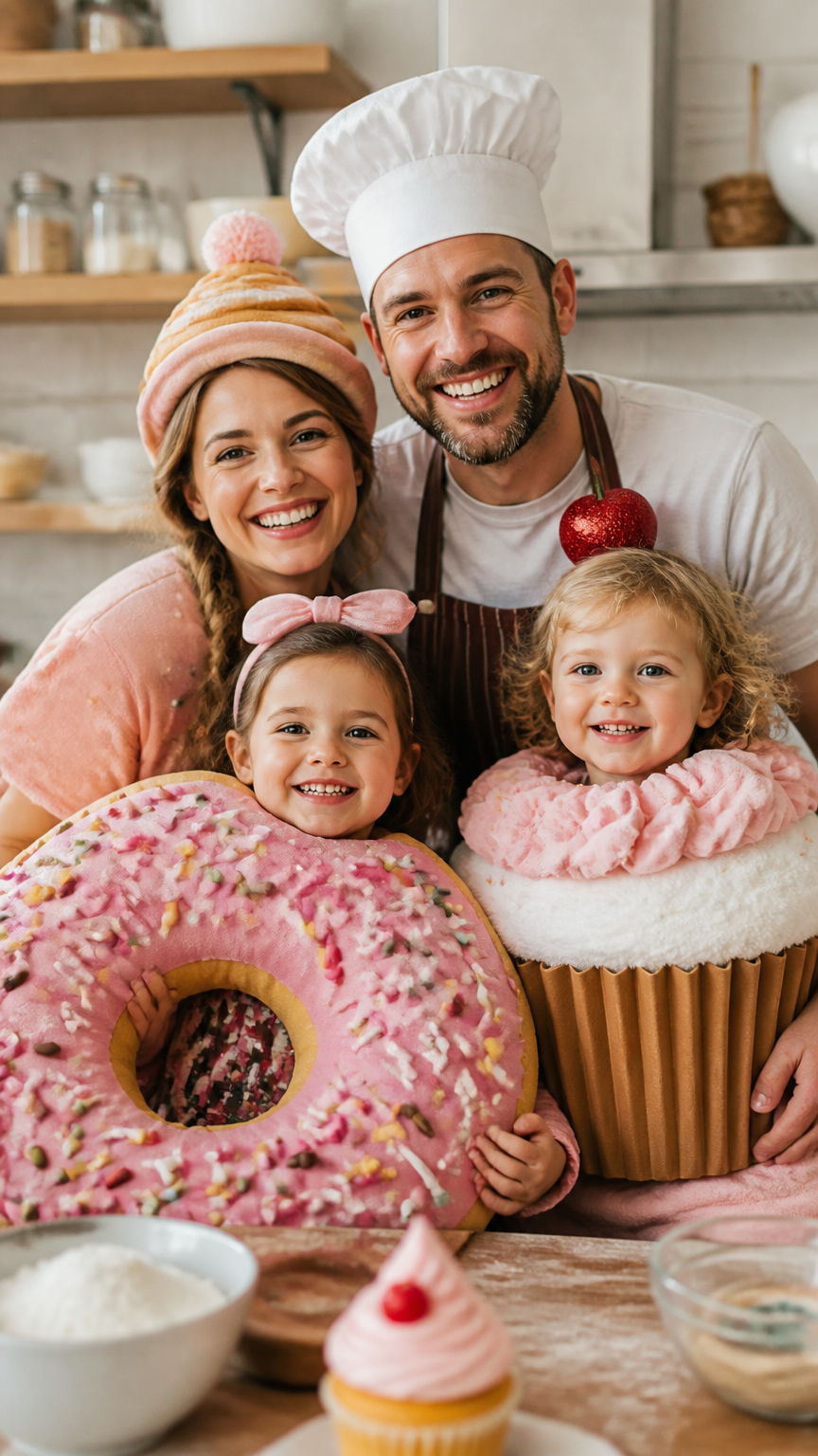 A high-end photograph of a family in a sunlit kitchen, dressed as a baker and various pastries