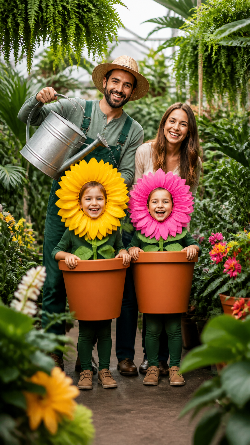 A high-end photograph of a family in a lush botanical garden, with one parent dressed as a gardener holding a waterin...