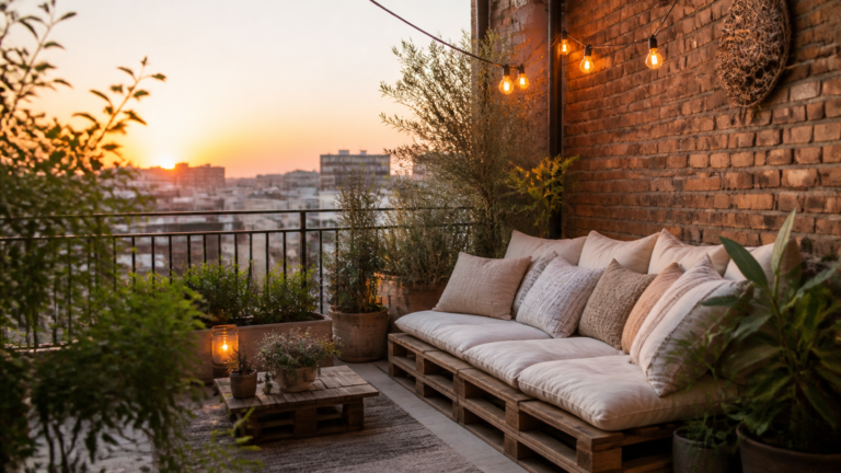 A high-end DSLR photograph of a cozy small city terrace featuring a wooden pallet sofa covered in plush neutral cushi...
