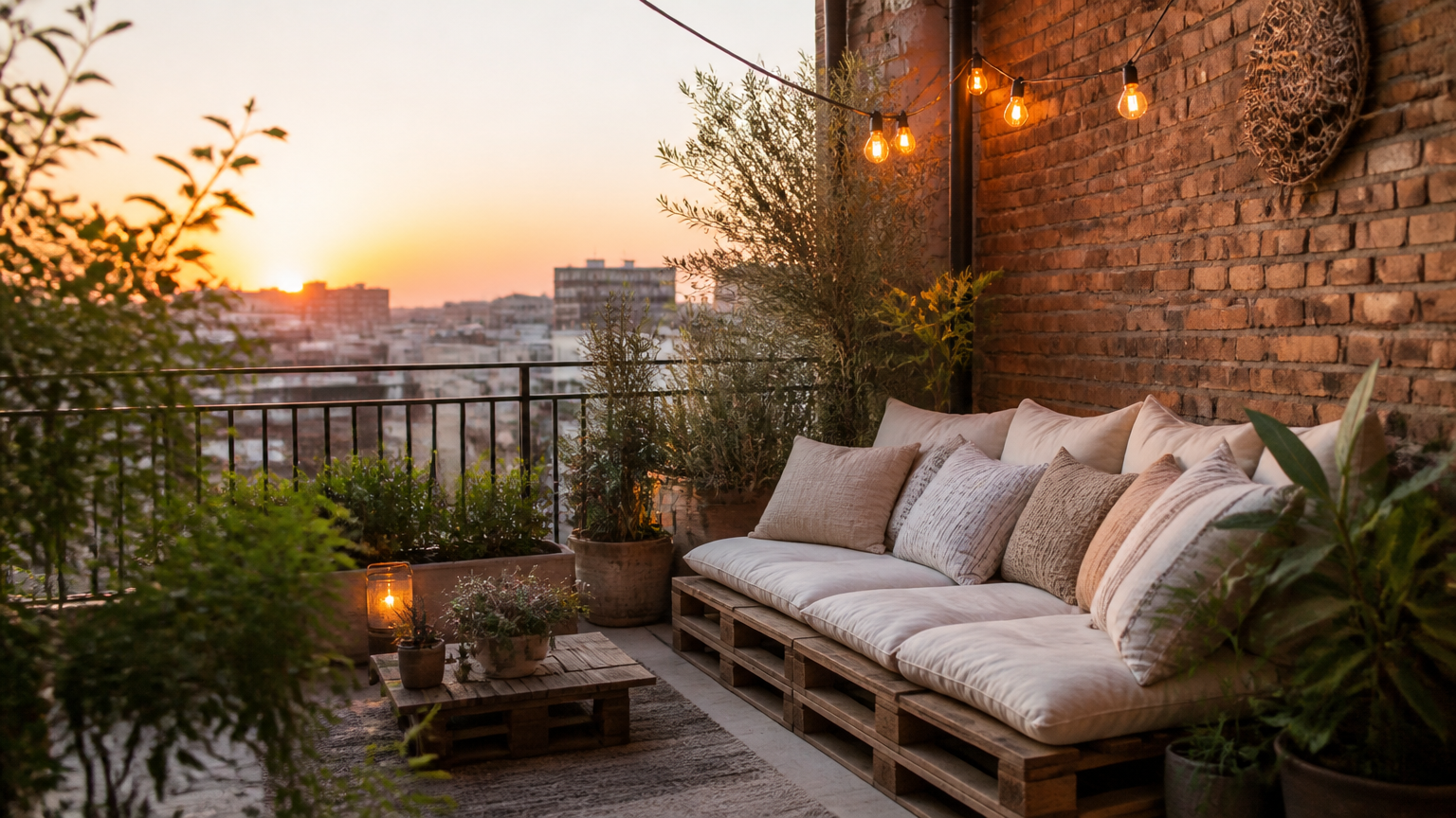 A high-end DSLR photograph of a cozy small city terrace featuring a wooden pallet sofa covered in plush neutral cushi...