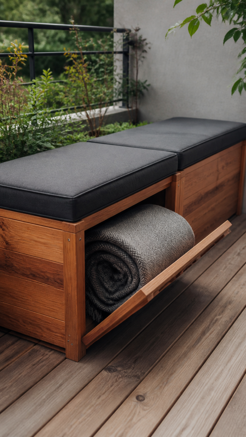A practical, beautiful photograph of a custom wooden storage bench on a small terrace, topped with dark gray seat cus...
