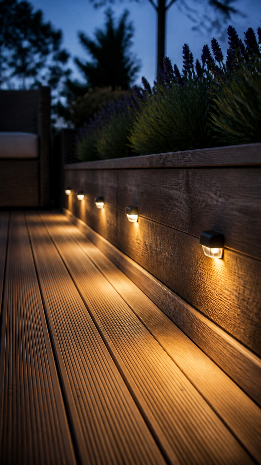 A low-light photograph showcasing small, warm LED solar step lights mounted neatly along the base of a short wooden t...