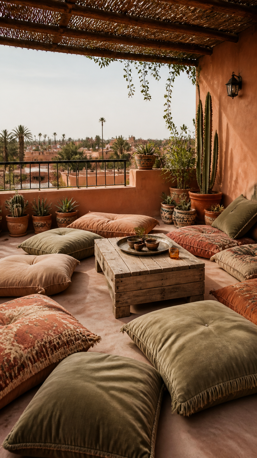 A relaxed, inviting photograph of a bohemian terrace floor covered in large, oversized floor cushions in earthy tones...
