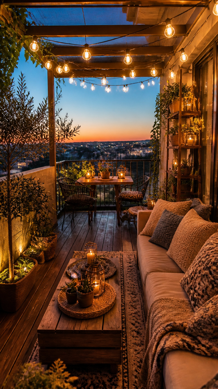 A wide-angle, gorgeous photograph of a fully decorated small terrace at twilight, featuring glowing lights, lush plan...