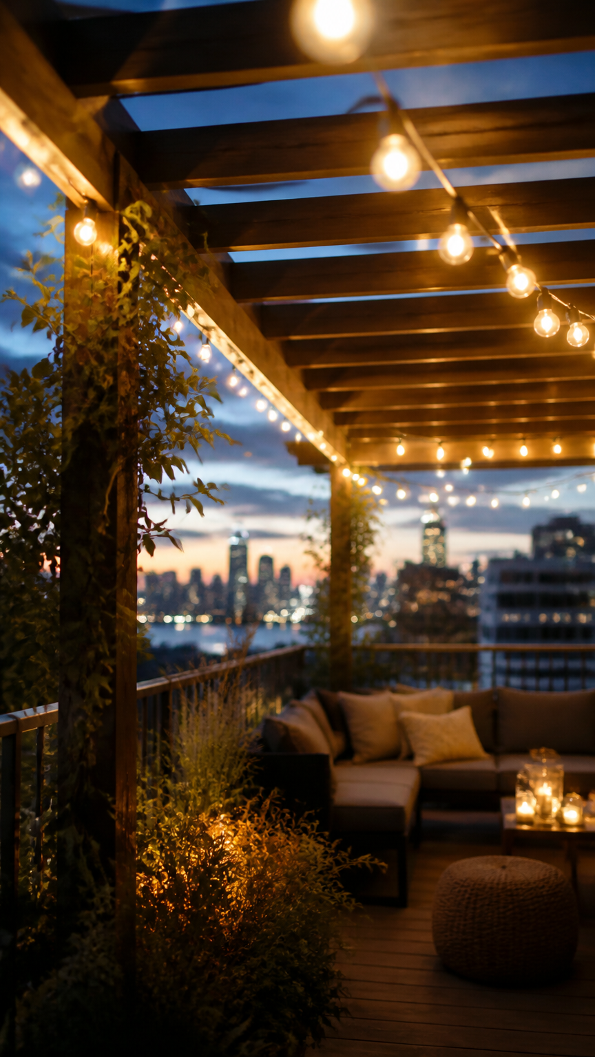 A close-up photograph taken with a professional camera of warm fairy lights strung across a wooden pergola on a small...