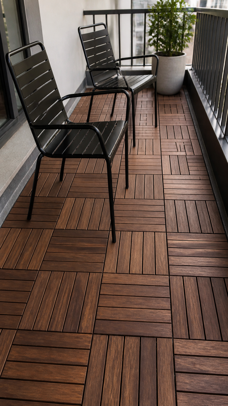 A crisp, detailed photograph of a small outdoor balcony floor covered in dark acacia wood interlocking deck tiles, wi...