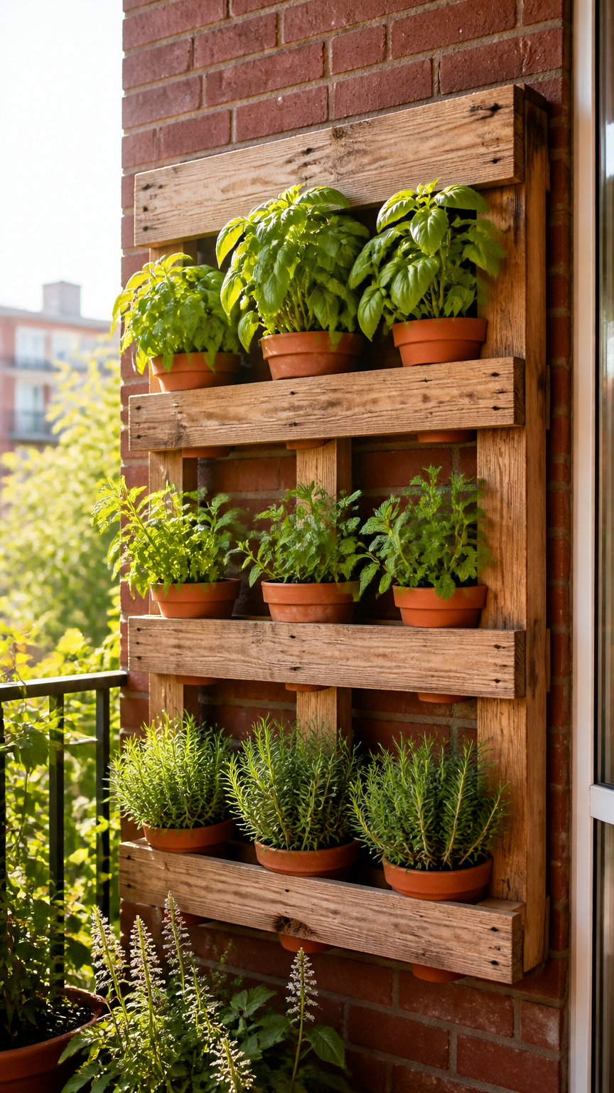 A bright, sunlit photograph of a brick balcony wall featuring a wooden pallet turned vertical garden, filled with sma...