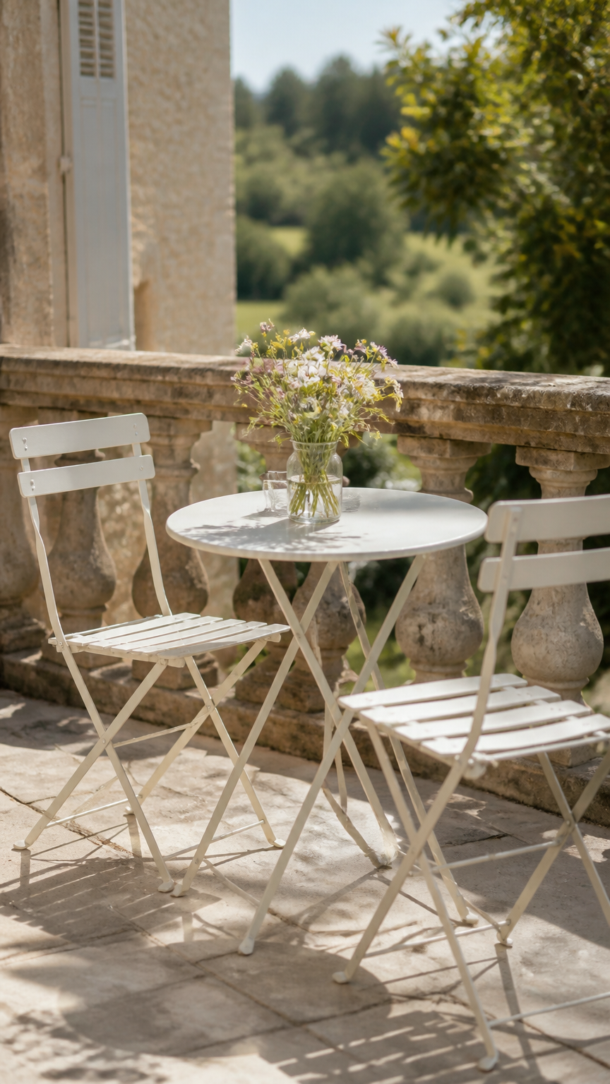 A lifestyle photograph shot on a 50mm lens showing a small bistro set with a round white metal table and two matching...