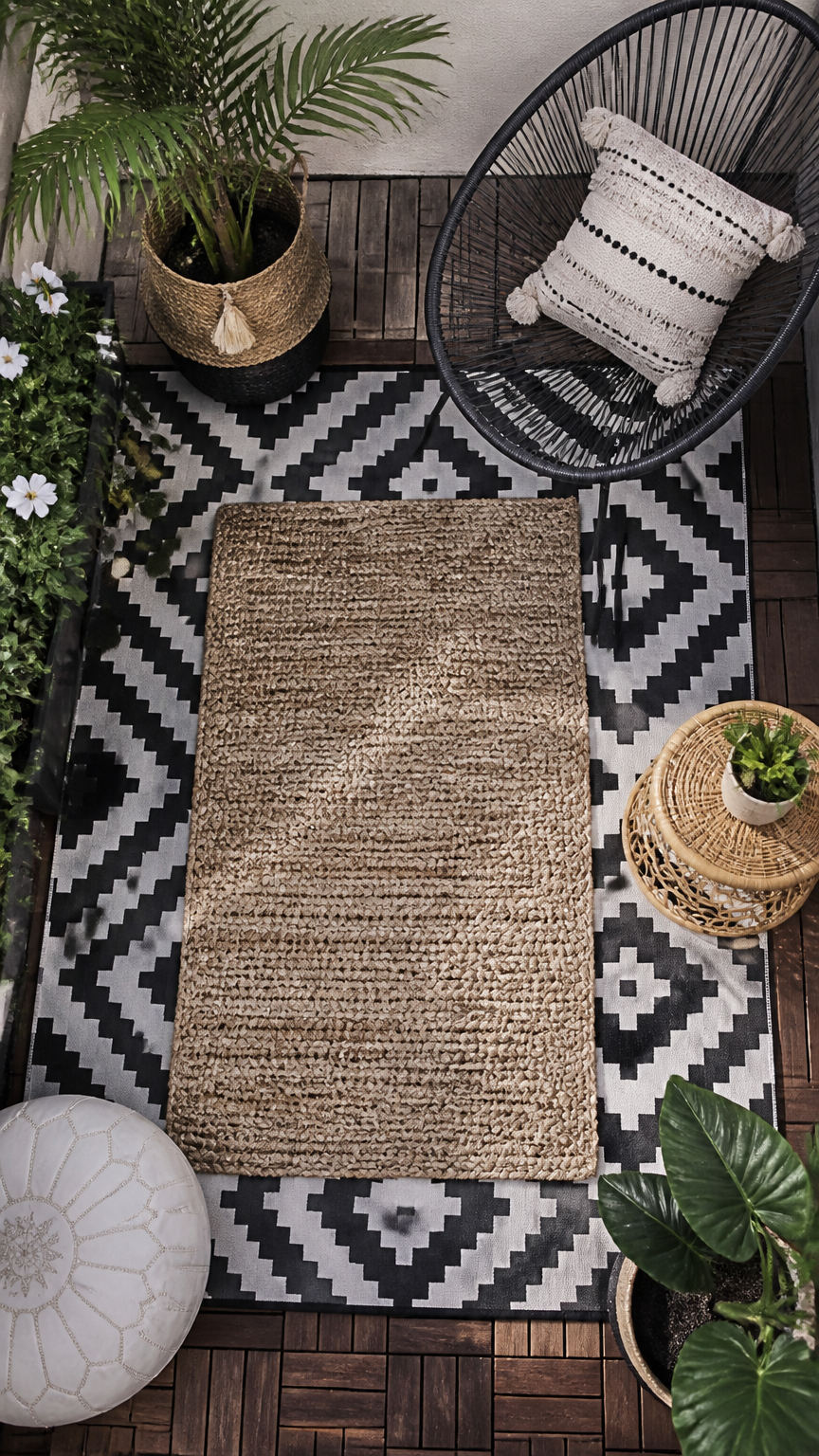 A stylish top-down photograph of a small terrace floor featuring a bold black-and-white geometric outdoor rug layered...