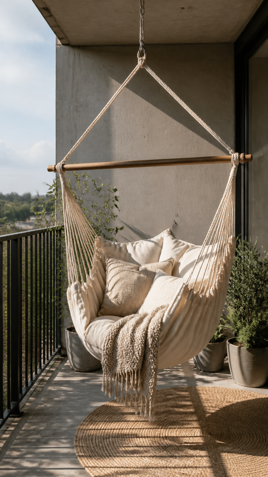 A high-resolution photograph of a canvas hammock chair hanging securely from a sturdy concrete balcony overhang, pile...