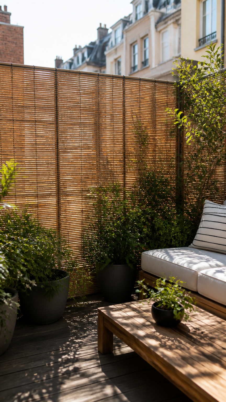 A clear photograph of a city terrace balcony enclosed by a tall rolled bamboo privacy screen, blocking out neighborin...