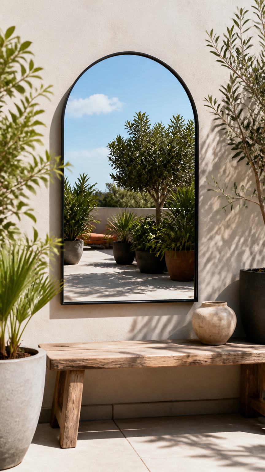 A bright, airy photograph of a small terrace wall featuring a large arched outdoor mirror reflecting green potted pla...